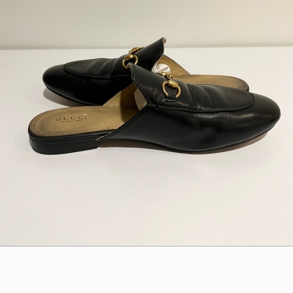 Gucci - Princetown Black and Gold Leather Loafers Mules Size 40 - Picture 4 of 8